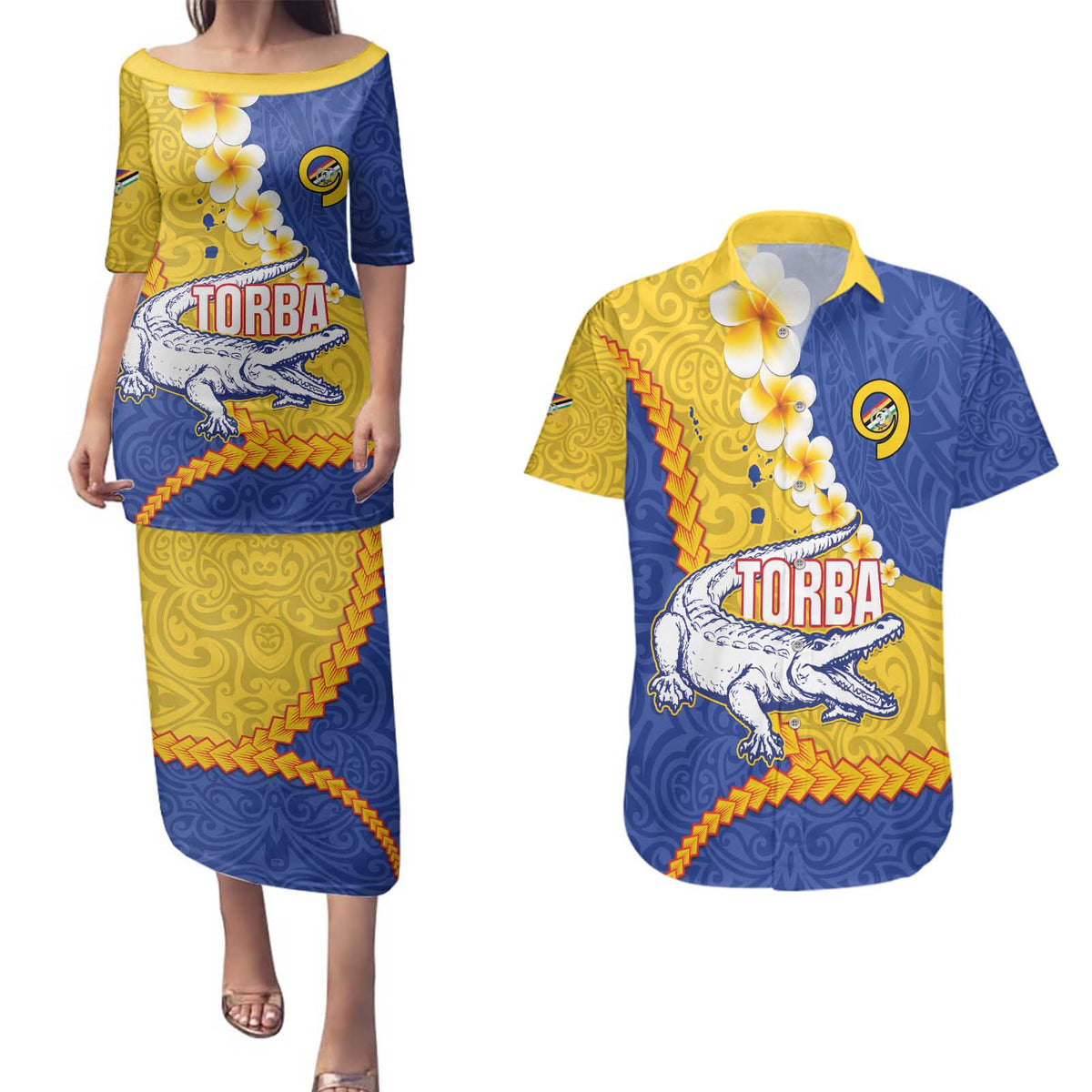 Torba Province Couples Matching Puletasi and Hawaiian Shirt Vanuatu Pattern Crocodile - Plumeria Flag Color
