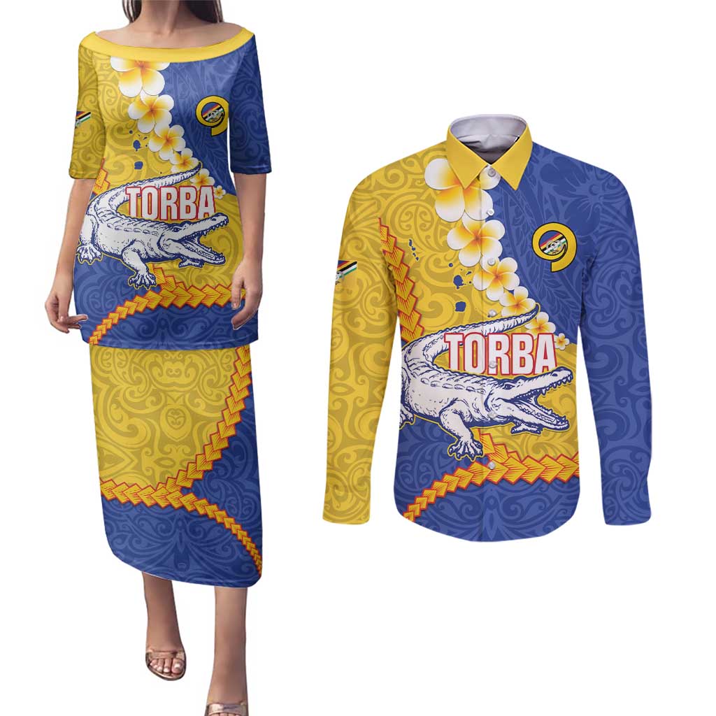 Torba Province Couples Matching Puletasi and Long Sleeve Button Shirt Vanuatu Pattern Crocodile - Plumeria Flag Color