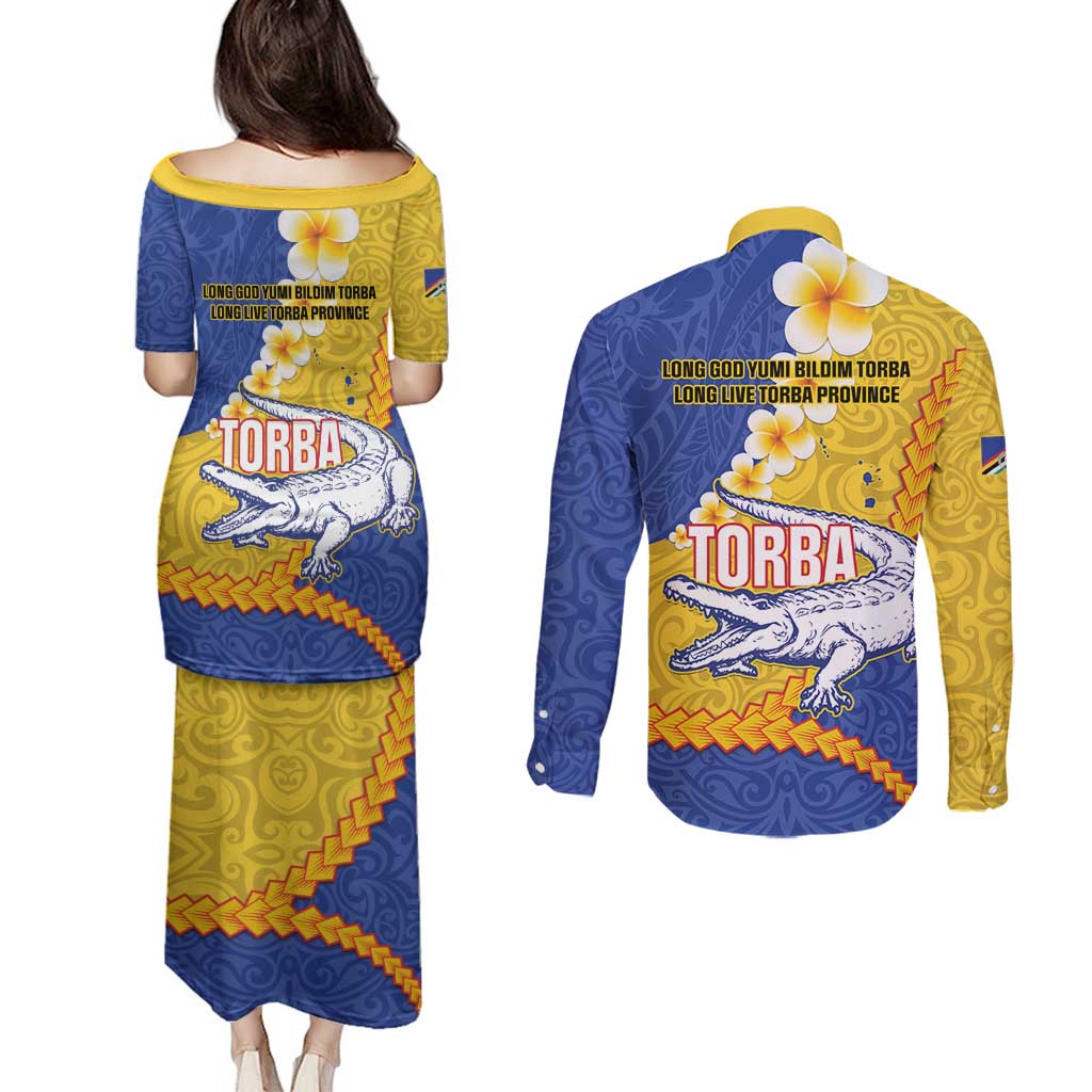 Torba Province Couples Matching Puletasi and Long Sleeve Button Shirt Vanuatu Pattern Crocodile - Plumeria Flag Color