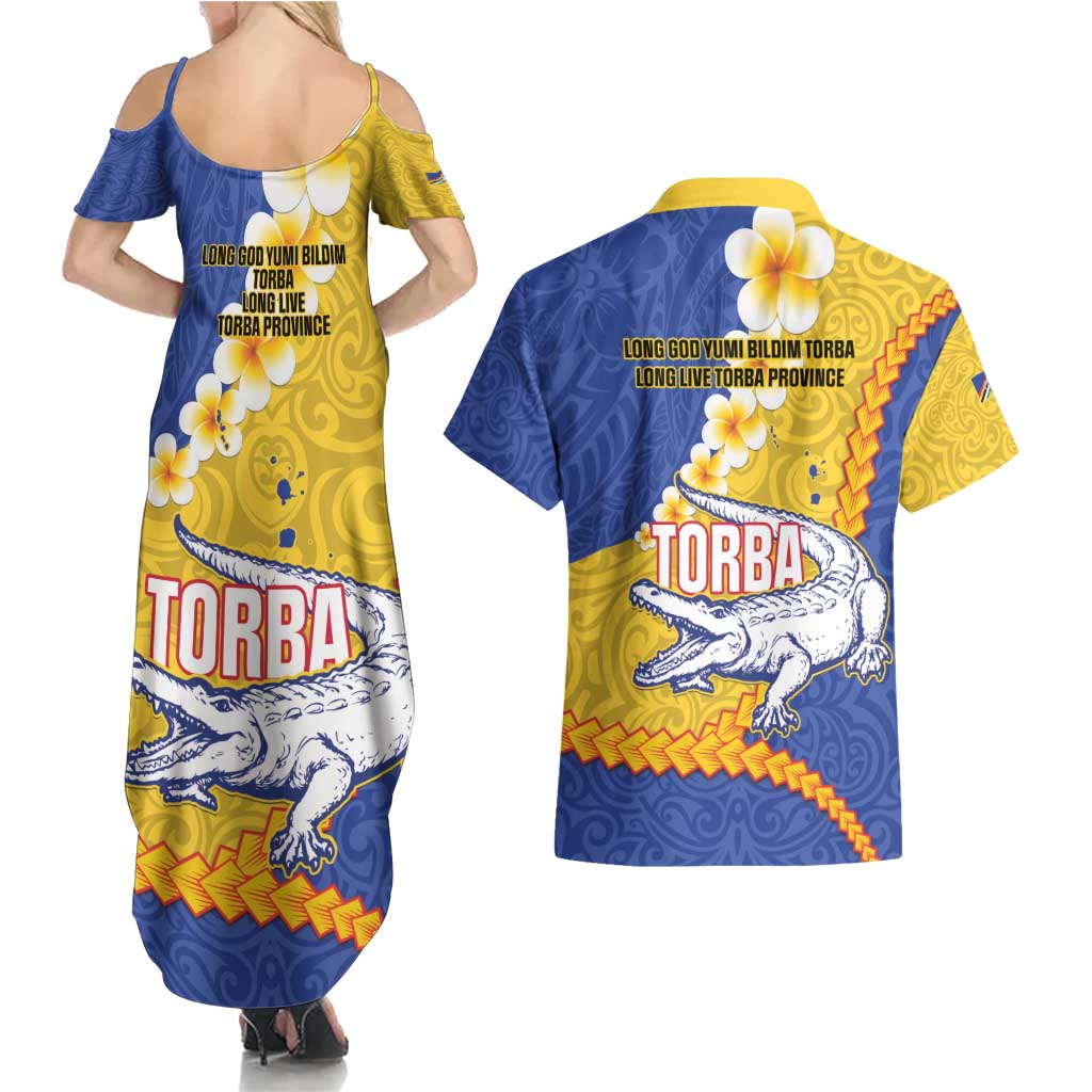 Torba Province Couples Matching Summer Maxi Dress and Hawaiian Shirt Vanuatu Pattern Crocodile - Plumeria Flag Color
