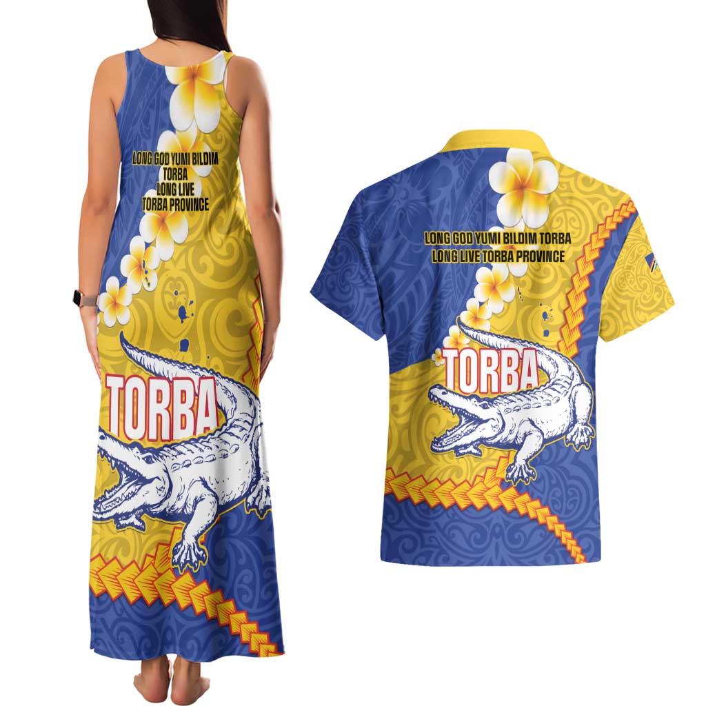 Torba Province Couples Matching Tank Maxi Dress and Hawaiian Shirt Vanuatu Pattern Crocodile - Plumeria Flag Color