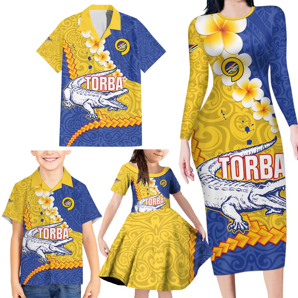 Torba Province Family Matching Long Sleeve Bodycon Dress and Hawaiian Shirt Vanuatu Pattern Crocodile - Plumeria Flag Color LT14 - Polynesian Pride