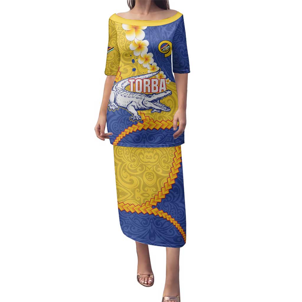 Torba Province Family Matching Puletasi and Hawaiian Shirt Vanuatu Pattern Crocodile - Plumeria Flag Color LT14 Mom's Dress Yellow - Polynesian Pride