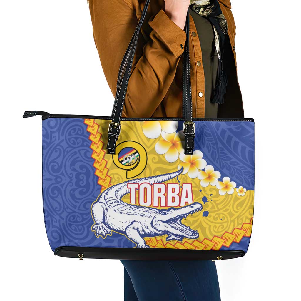 Torba Province Leather Tote Bag Vanuatu Pattern Crocodile - Plumeria Flag Color LT14 - Polynesian Pride