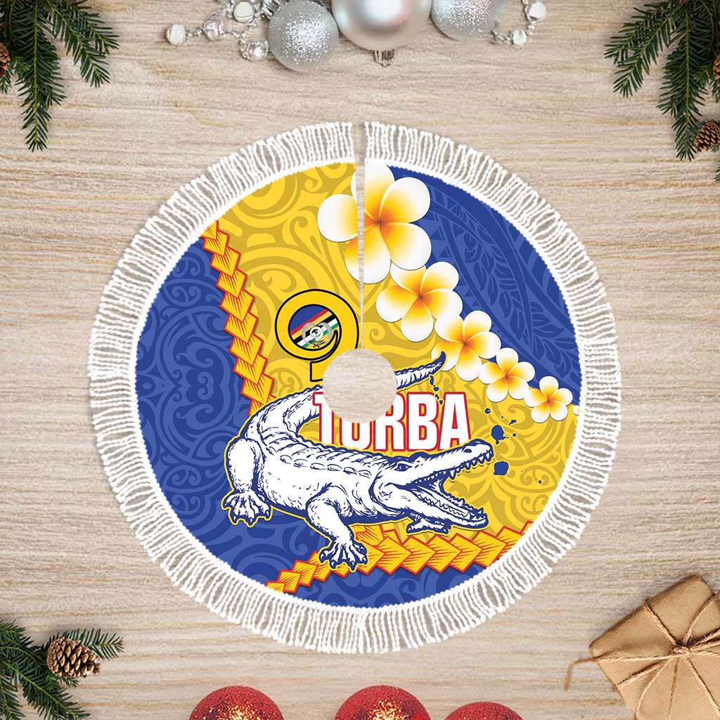 Torba Province Tree Skirt Vanuatu Pattern Crocodile - Plumeria Flag Color LT14 Fringed Yellow - Polynesian Pride