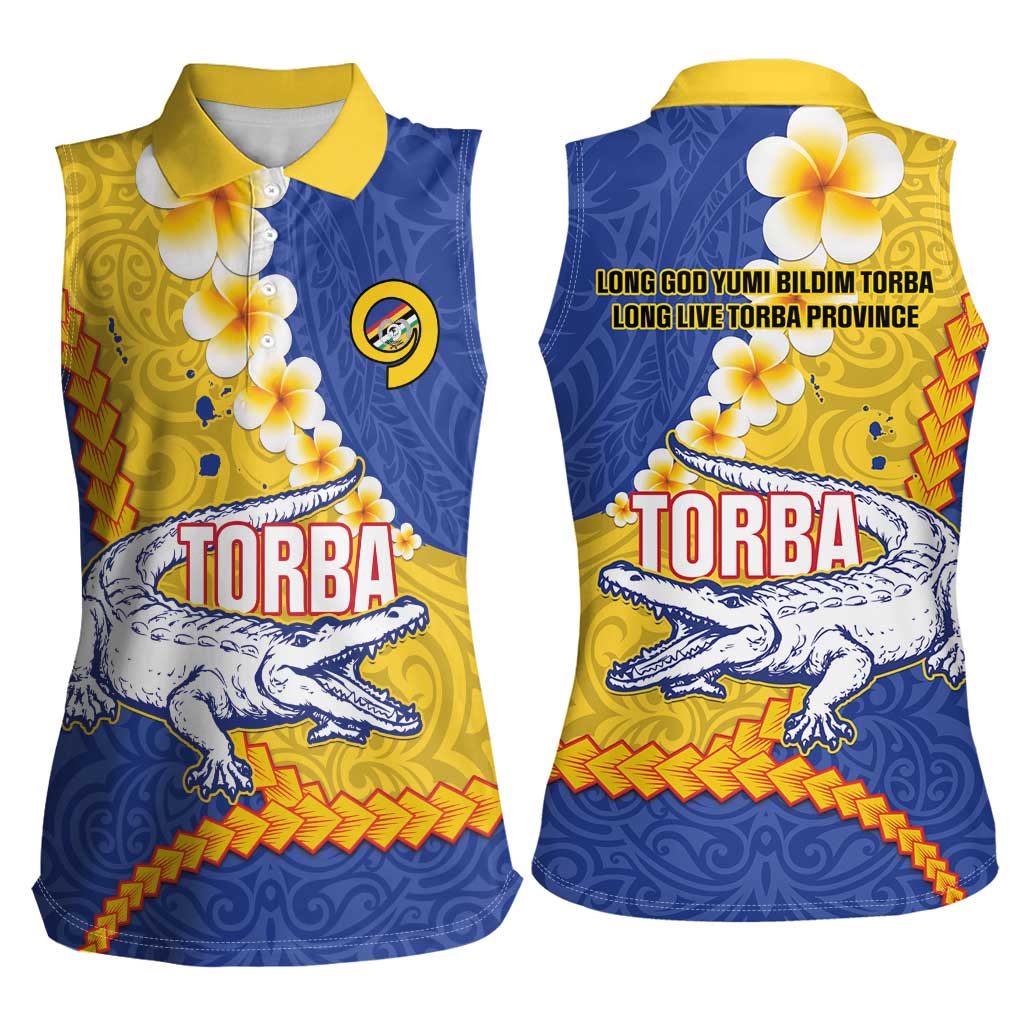 Torba Province Women Sleeveless Polo Shirt Vanuatu Pattern Crocodile - Plumeria Flag Color LT14 - Polynesian Pride