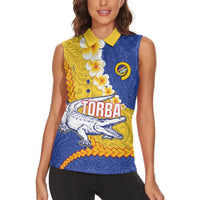 Torba Province Women Sleeveless Polo Shirt Vanuatu Pattern Crocodile - Plumeria Flag Color LT14 - Polynesian Pride