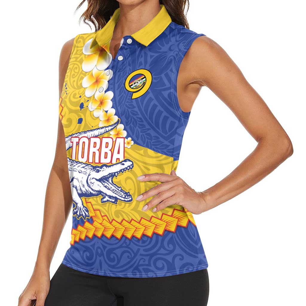 Torba Province Women Sleeveless Polo Shirt Vanuatu Pattern Crocodile - Plumeria Flag Color LT14 - Polynesian Pride