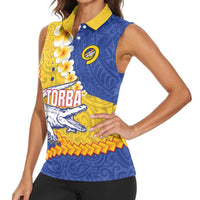 Torba Province Women Sleeveless Polo Shirt Vanuatu Pattern Crocodile - Plumeria Flag Color LT14 - Polynesian Pride