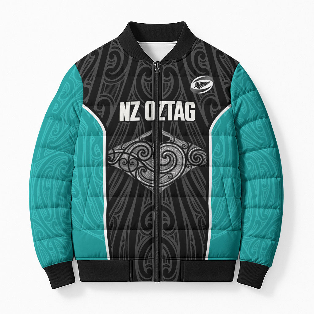 Custom New Zealand Stingray Oztag Bomber Puffer Jacket Tag Rugby Maori Pattern Black Version LT14 Unisex Black - Polynesian Pride