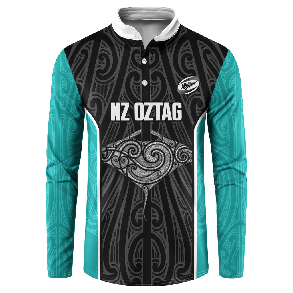 Custom New Zealand Stingray Oztag Button Sweatshirt Tag Rugby Maori Pattern Black Version LT14 Black - Polynesian Pride