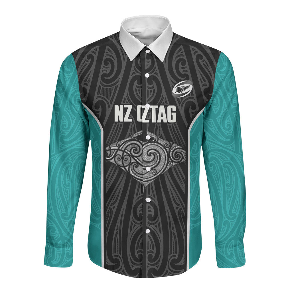 Custom New Zealand Stingray Oztag Long Sleeve Button Shirt Tag Rugby Maori Pattern Black Version LT14 Unisex Black - Polynesian Pride