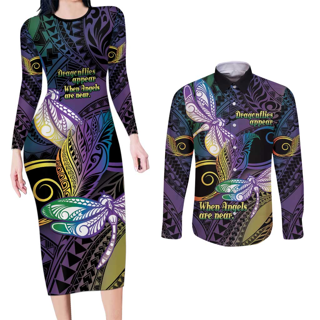 Personalized Polynesian Memorial Couples Matching Long Sleeve Bodycon Dress and Long Sleeve Button Shirt Dragonflies Appear When Angels Are Near LT14 Colorful - Polynesian Pride