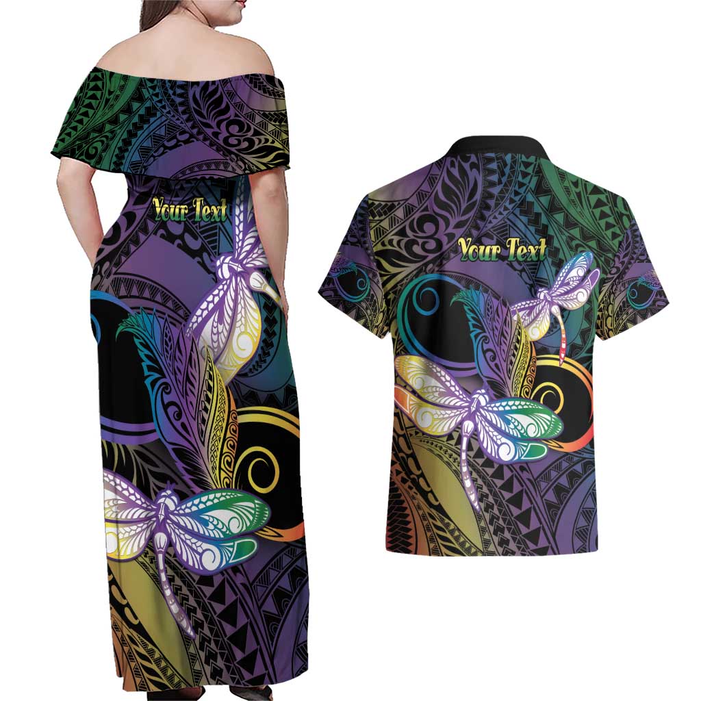 Personalized Polynesian Memorial Couples Matching Off Shoulder Maxi Dress and Hawaiian Shirt Dragonflies Appear When Angels Are Near LT14 - Polynesian Pride
