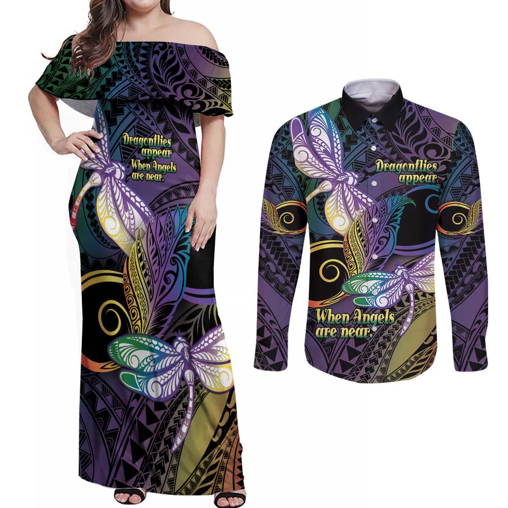 Personalized Polynesian Memorial Couples Matching Off Shoulder Maxi Dress and Long Sleeve Button Shirt Dragonflies Appear When Angels Are Near LT14 Colorful - Polynesian Pride