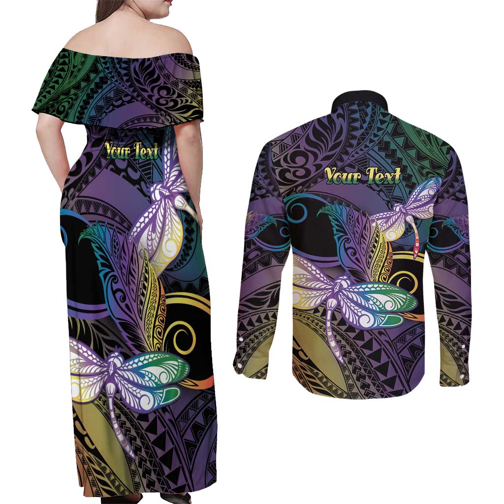Personalized Polynesian Memorial Couples Matching Off Shoulder Maxi Dress and Long Sleeve Button Shirt Dragonflies Appear When Angels Are Near LT14 - Polynesian Pride