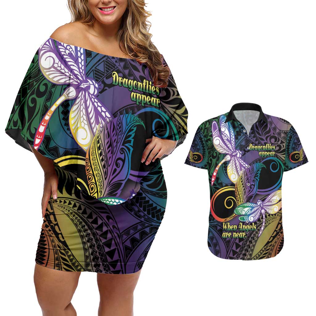 Personalized Polynesian Memorial Couples Matching Off Shoulder Short Dress and Hawaiian Shirt Dragonflies Appear When Angels Are Near LT14 Colorful - Polynesian Pride
