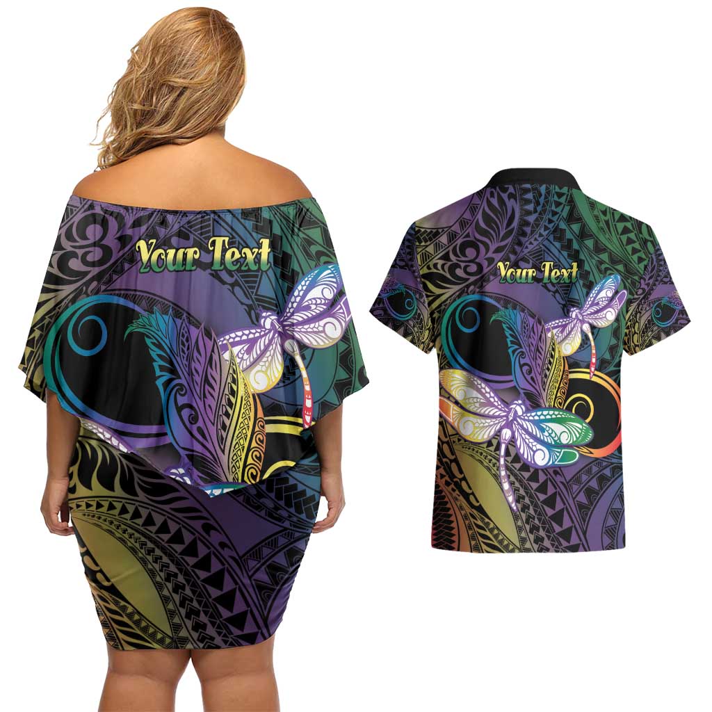 Personalized Polynesian Memorial Couples Matching Off Shoulder Short Dress and Hawaiian Shirt Dragonflies Appear When Angels Are Near LT14 - Polynesian Pride