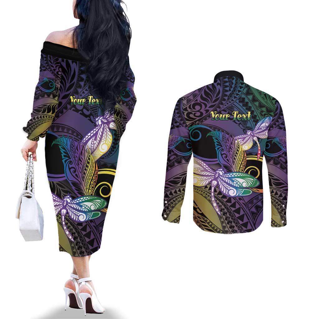 Personalized Polynesian Memorial Couples Matching Off The Shoulder Long Sleeve Dress and Long Sleeve Button Shirt Dragonflies Appear When Angels Are Near LT14 - Polynesian Pride