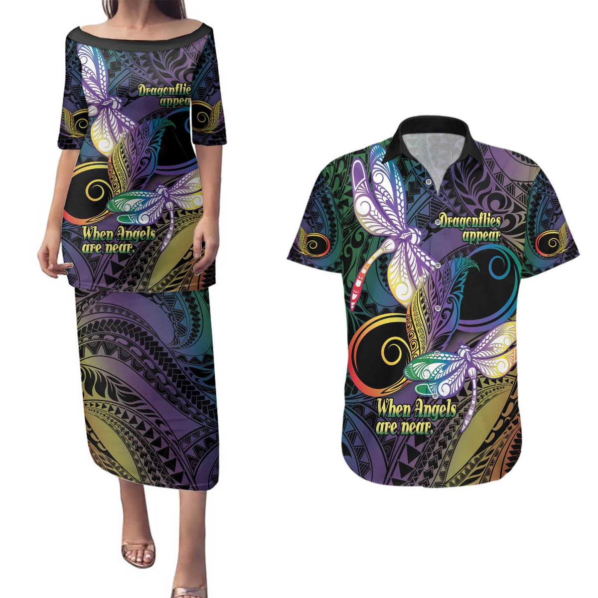 Personalized Polynesian Memorial Couples Matching Puletasi and Hawaiian Shirt Dragonflies Appear When Angels Are Near LT14 Colorful - Polynesian Pride