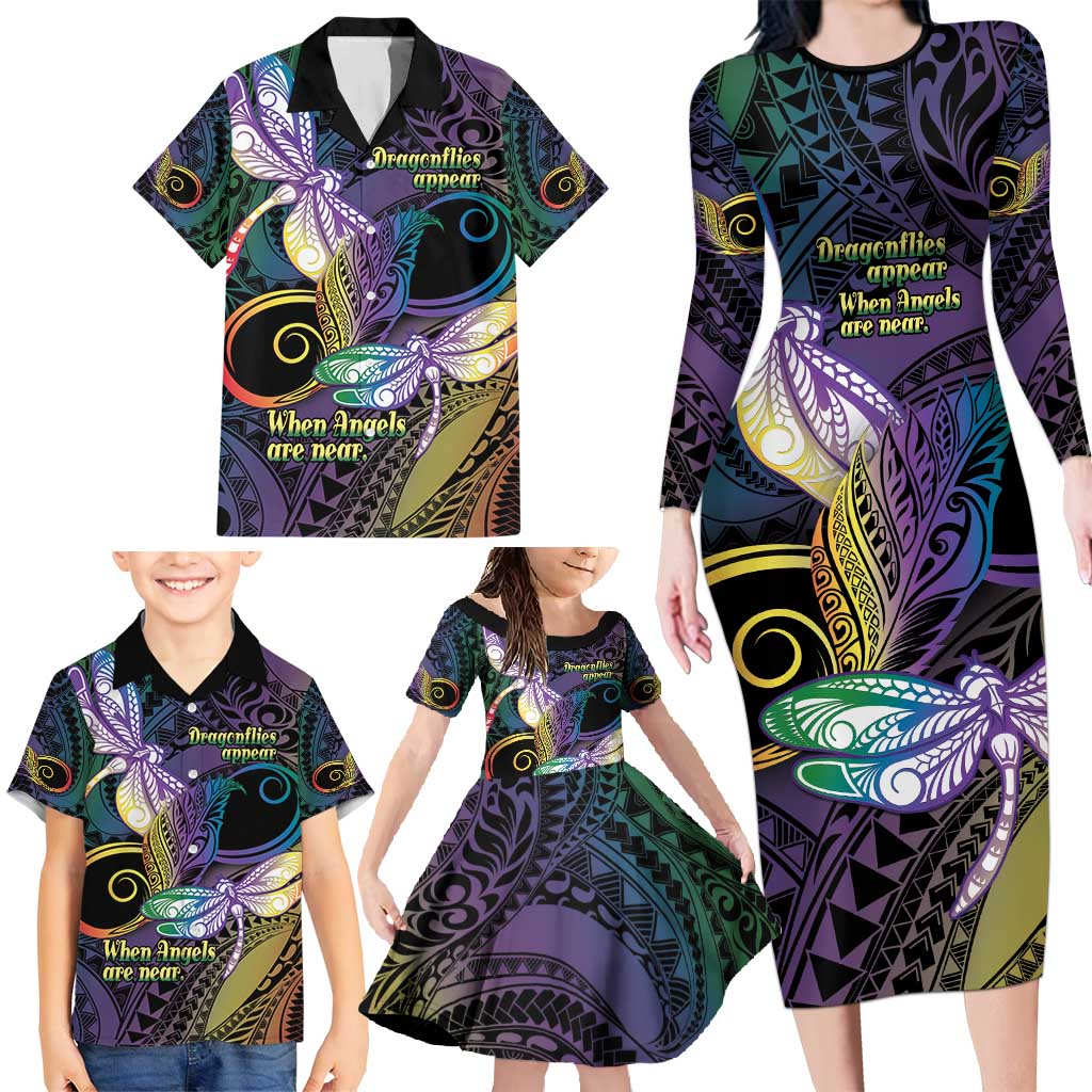 Personalized Polynesian Memorial Family Matching Long Sleeve Bodycon Dress and Hawaiian Shirt Dragonflies Appear When Angels Are Near LT14 - Polynesian Pride