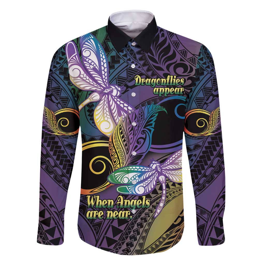 Personalized Polynesian Memorial Family Matching Mermaid Dress and Hawaiian Shirt Dragonflies Appear When Angels Are Near LT14 Dad's Shirt - Long Sleeve Colorful - Polynesian Pride