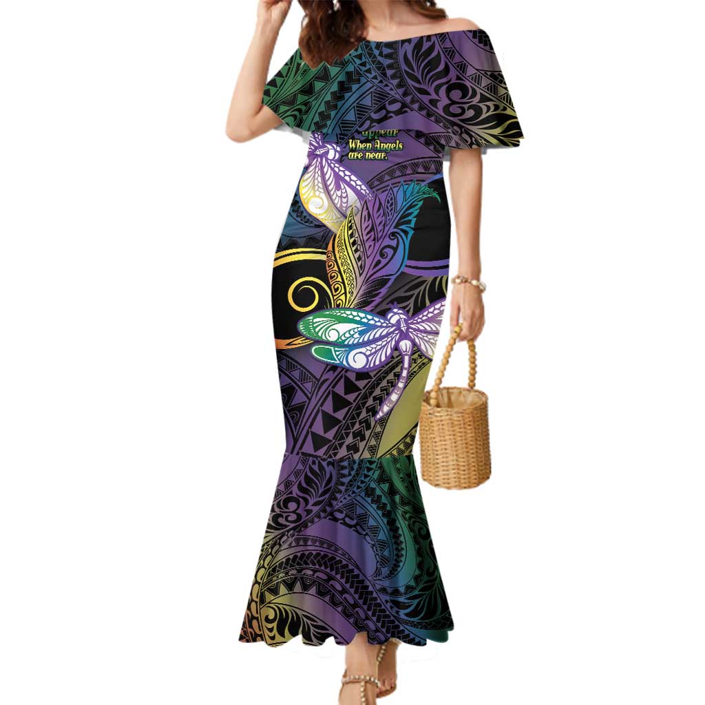 Personalized Polynesian Memorial Family Matching Mermaid Dress and Hawaiian Shirt Dragonflies Appear When Angels Are Near LT14 Mom's Dress Colorful - Polynesian Pride