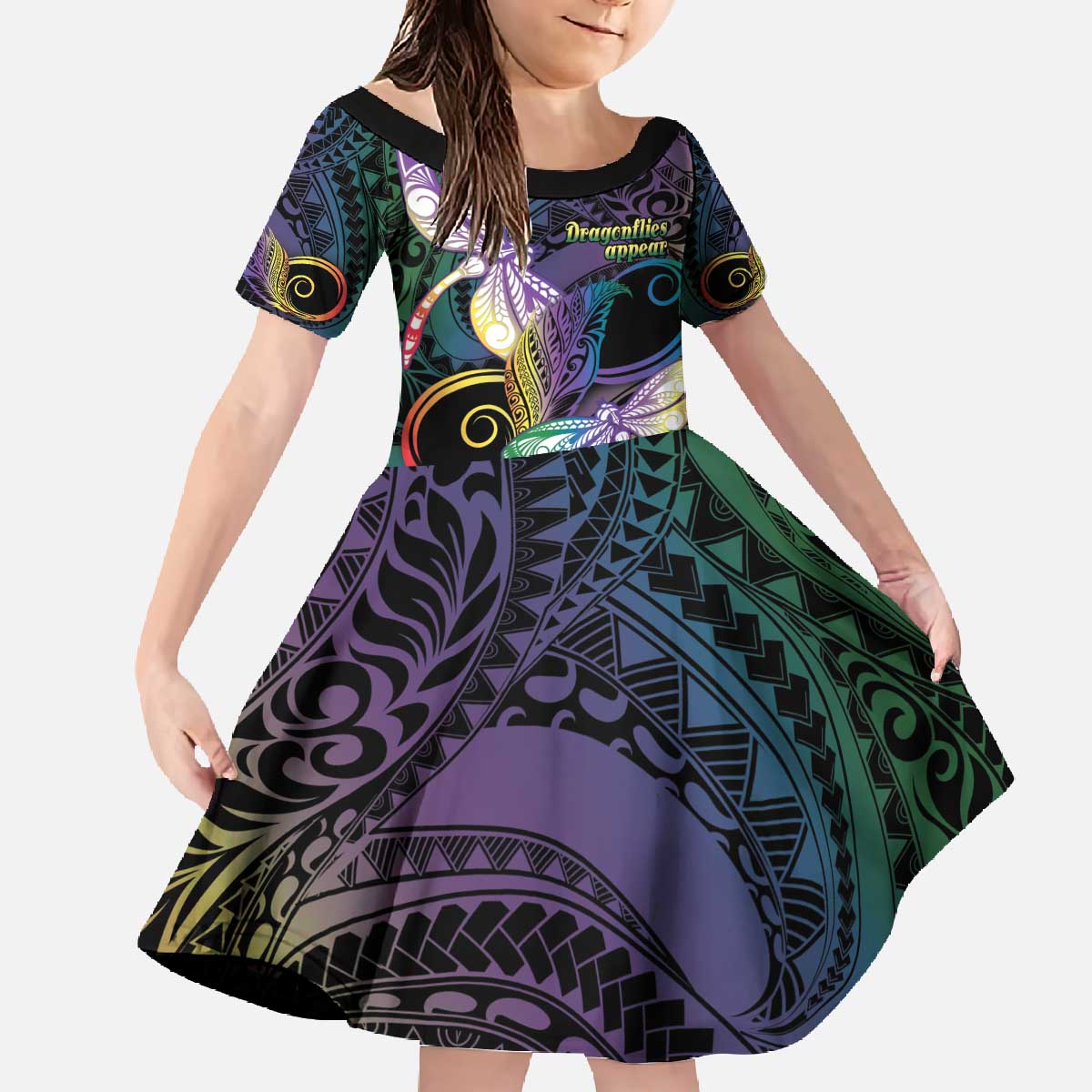 Personalized Polynesian Memorial Family Matching Off The Shoulder Long Sleeve Dress and Hawaiian Shirt Dragonflies Appear When Angels Are Near LT14 Daughter's Dress Colorful - Polynesian Pride