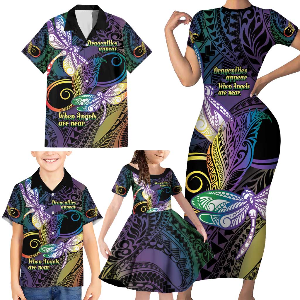Personalized Polynesian Memorial Family Matching Short Sleeve Bodycon Dress and Hawaiian Shirt Dragonflies Appear When Angels Are Near LT14 - Polynesian Pride