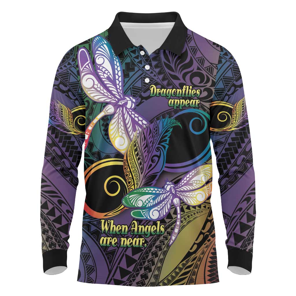 Personalized Polynesian Memorial Long Sleeve Polo Shirt Dragonflies Appear When Angels Are Near LT14 Colorful - Polynesian Pride