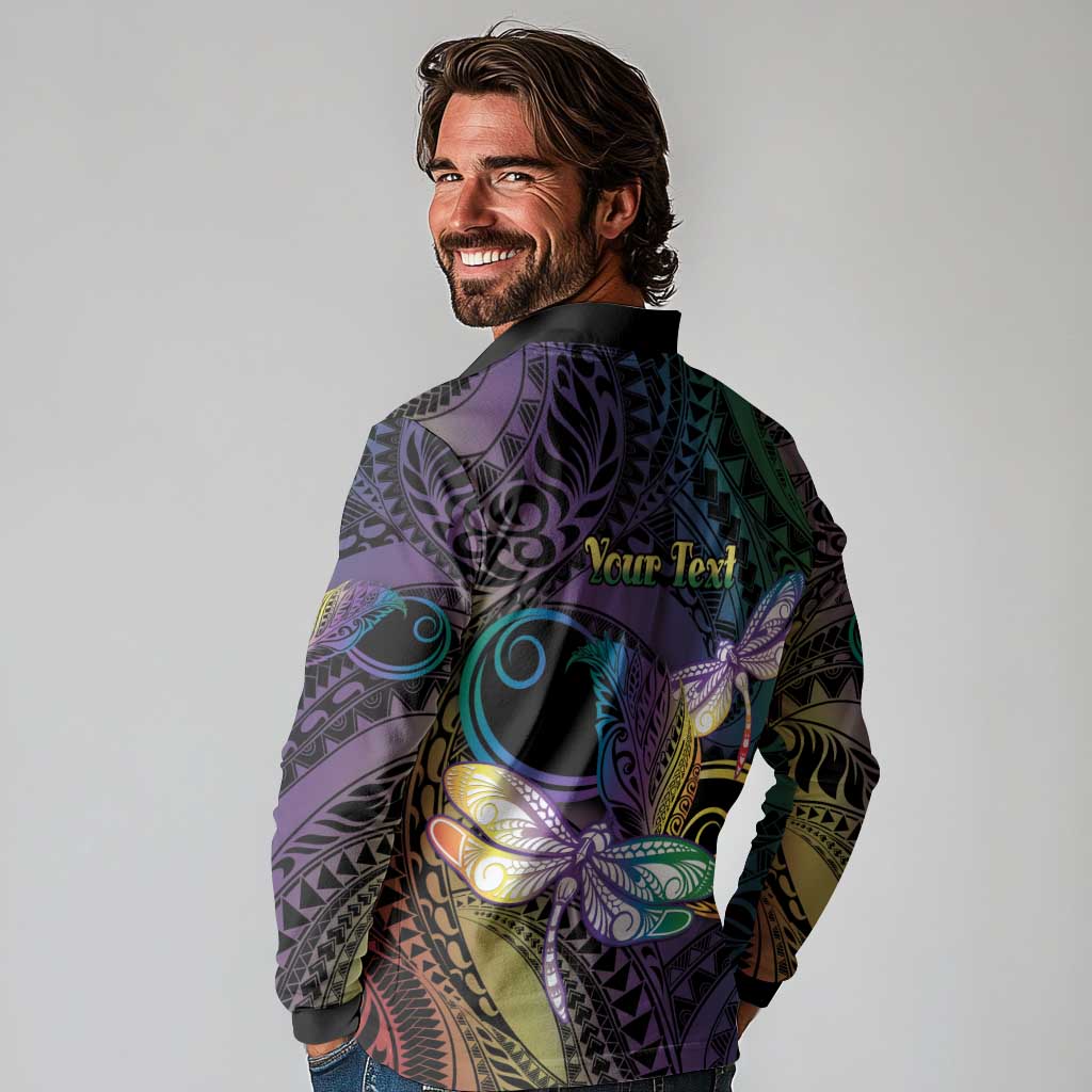 Personalized Polynesian Memorial Long Sleeve Polo Shirt Dragonflies Appear When Angels Are Near
