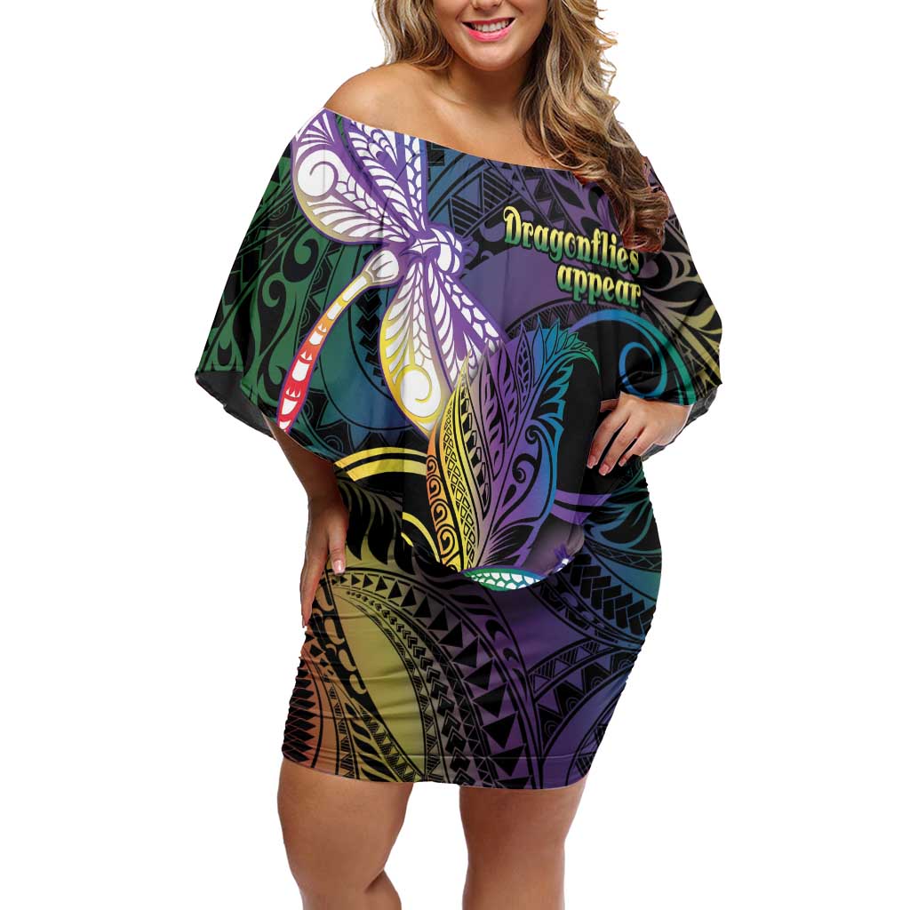 Personalized Polynesian Memorial Off Shoulder Short Dress Dragonflies Appear When Angels Are Near