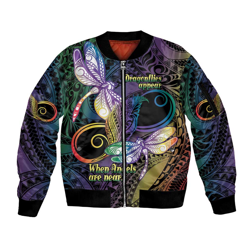Personalized Polynesian Memorial Sleeve Zip Bomber Jacket Dragonflies Appear When Angels Are Near LT14 Unisex Colorful - Polynesian Pride