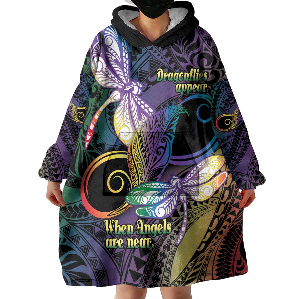 Personalized Polynesian Memorial Wearable Blanket Hoodie Dragonflies Appear When Angels Are Near