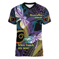 Personalized Polynesian Memorial Women V-Neck T-Shirt Dragonflies Appear When Angels Are Near LT14 Female Colorful - Polynesian Pride
