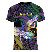 Personalized Polynesian Memorial Women V-Neck T-Shirt Dragonflies Appear When Angels Are Near LT14 - Polynesian Pride