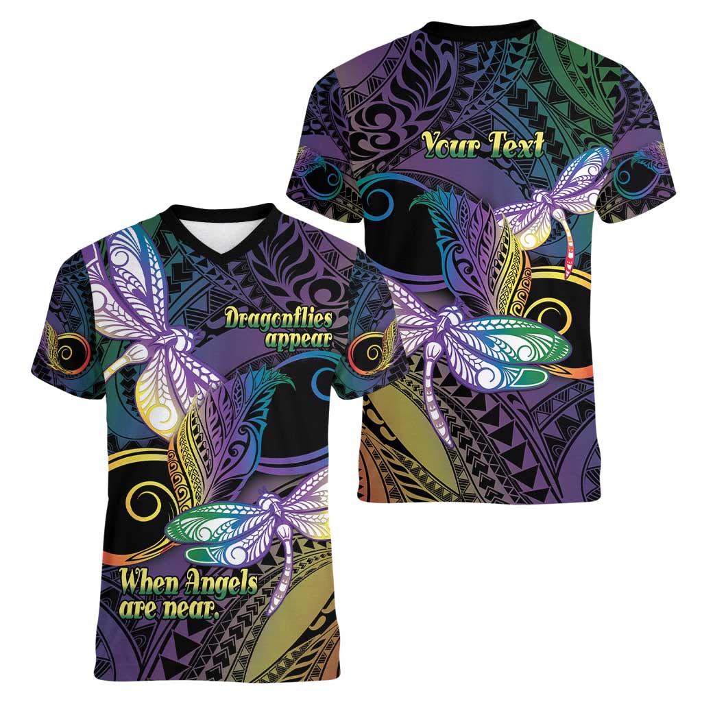 Personalized Polynesian Memorial Women V-Neck T-Shirt Dragonflies Appear When Angels Are Near LT14 - Polynesian Pride