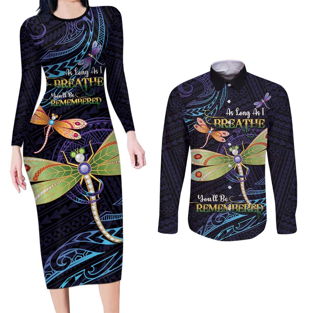 As Long As I Breathe You'll Be Remembered Couples Matching Long Sleeve Bodycon Dress and Long Sleeve Button Shirt Dragonflies Memorial - Polynesian Pattern