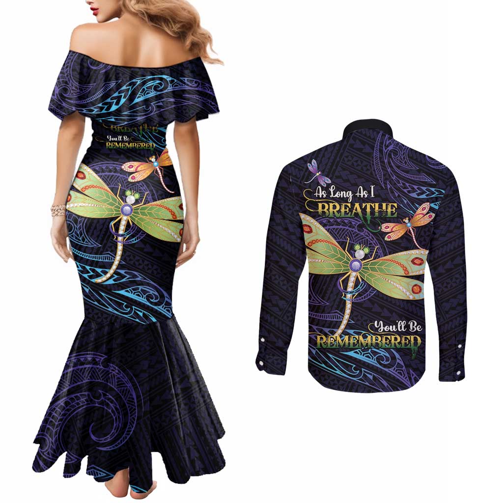 As Long As I Breathe You'll Be Remembered Couples Matching Mermaid Dress and Long Sleeve Button Shirt Dragonflies Memorial - Polynesian Pattern