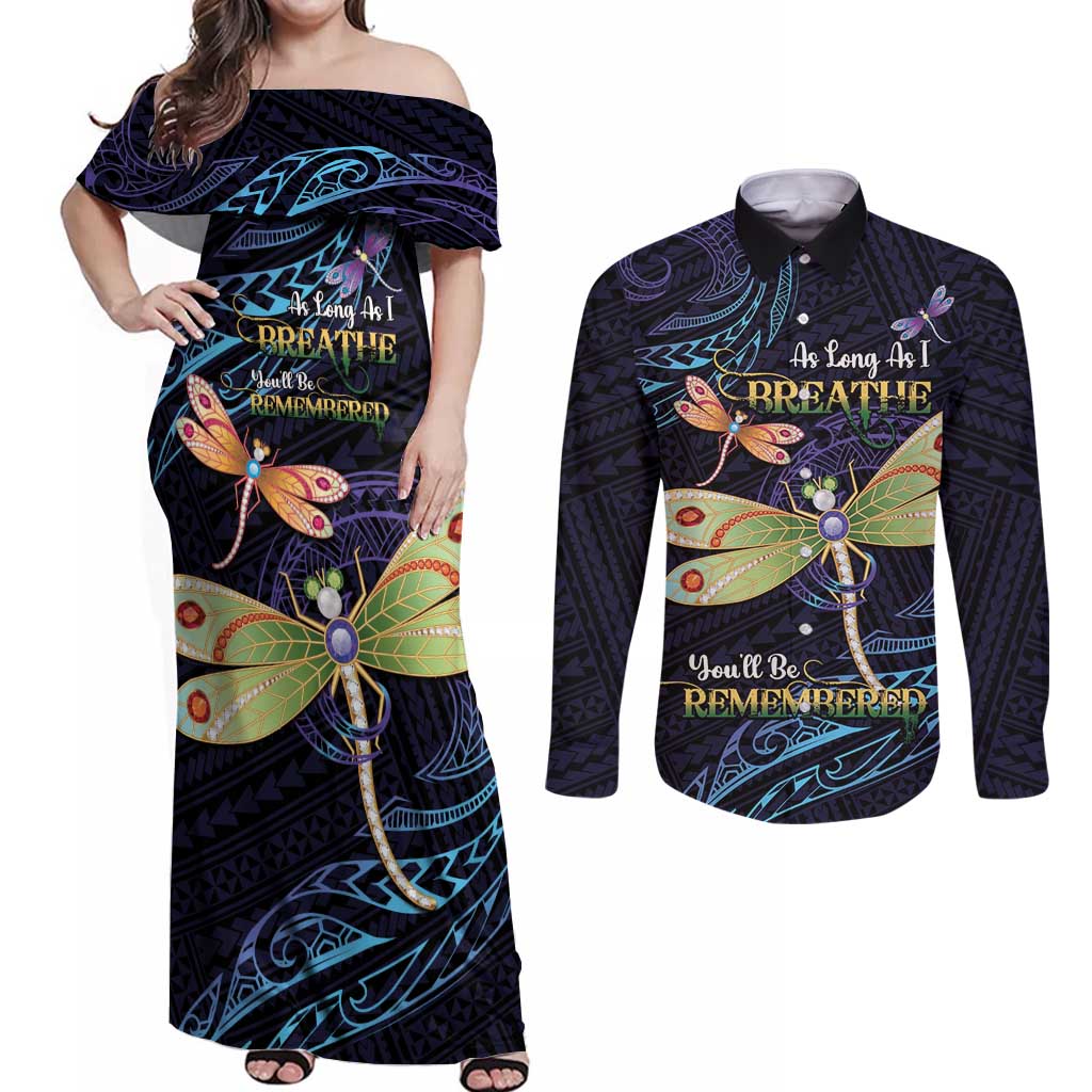 As Long As I Breathe You'll Be Remembered Couples Matching Off Shoulder Maxi Dress and Long Sleeve Button Shirt Dragonflies Memorial - Polynesian Pattern
