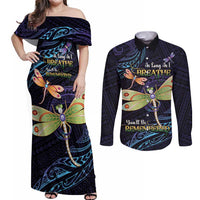 As Long As I Breathe You'll Be Remembered Couples Matching Off Shoulder Maxi Dress and Long Sleeve Button Shirt Dragonflies Memorial - Polynesian Pattern