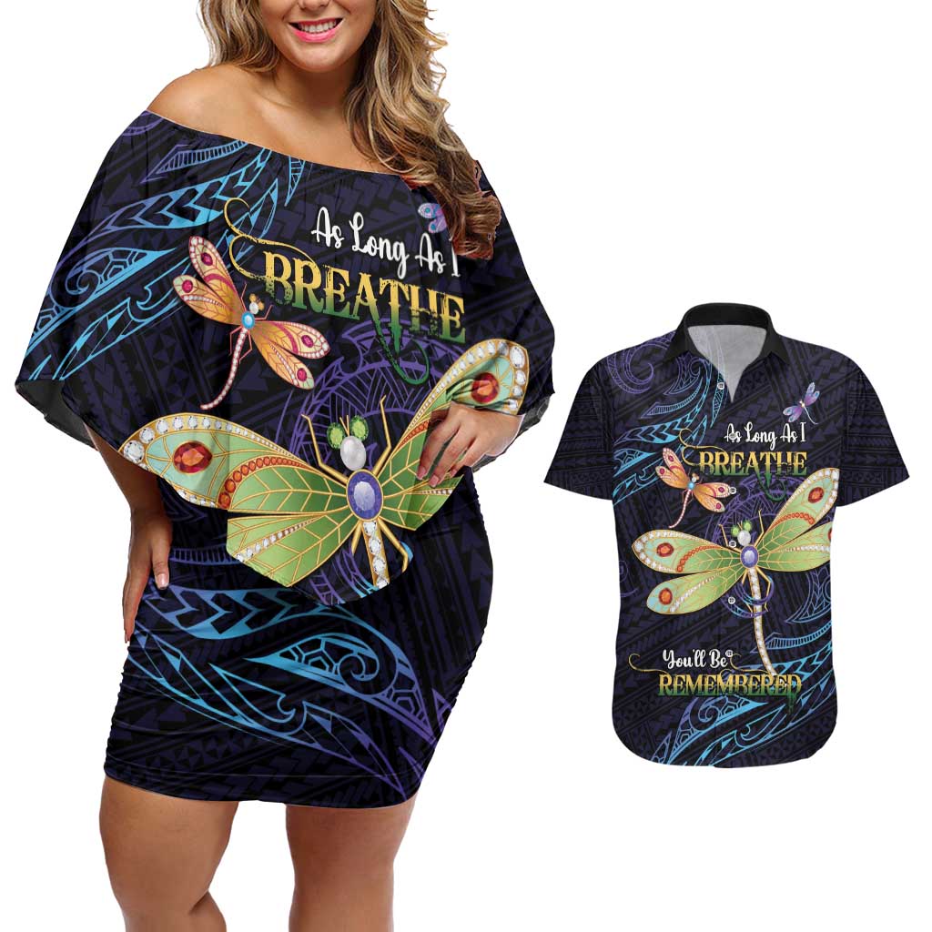 As Long As I Breathe You'll Be Remembered Couples Matching Off Shoulder Short Dress and Hawaiian Shirt Dragonflies Memorial - Polynesian Pattern