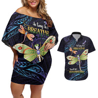 As Long As I Breathe You'll Be Remembered Couples Matching Off Shoulder Short Dress and Hawaiian Shirt Dragonflies Memorial - Polynesian Pattern