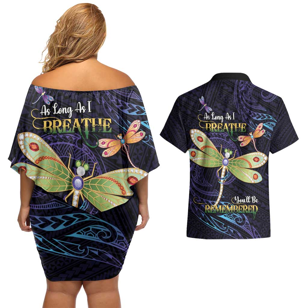 As Long As I Breathe You'll Be Remembered Couples Matching Off Shoulder Short Dress and Hawaiian Shirt Dragonflies Memorial - Polynesian Pattern