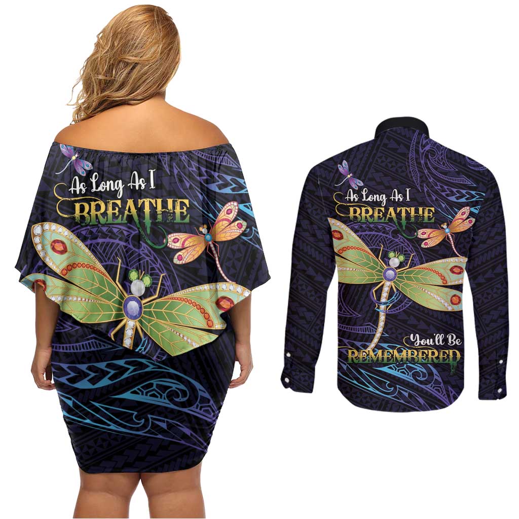 As Long As I Breathe You'll Be Remembered Couples Matching Off Shoulder Short Dress and Long Sleeve Button Shirt Dragonflies Memorial - Polynesian Pattern