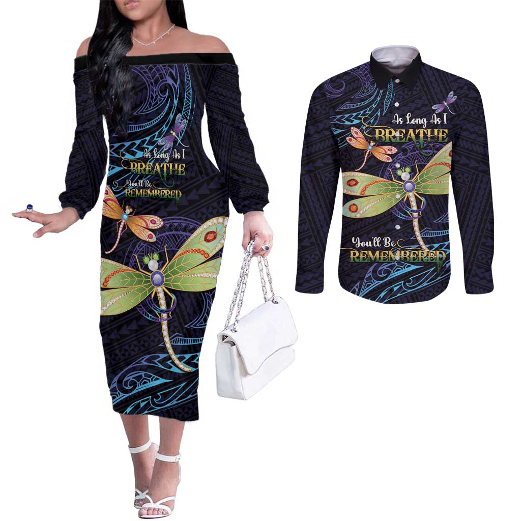 As Long As I Breathe You'll Be Remembered Couples Matching Off The Shoulder Long Sleeve Dress and Long Sleeve Button Shirt Dragonflies Memorial - Polynesian Pattern