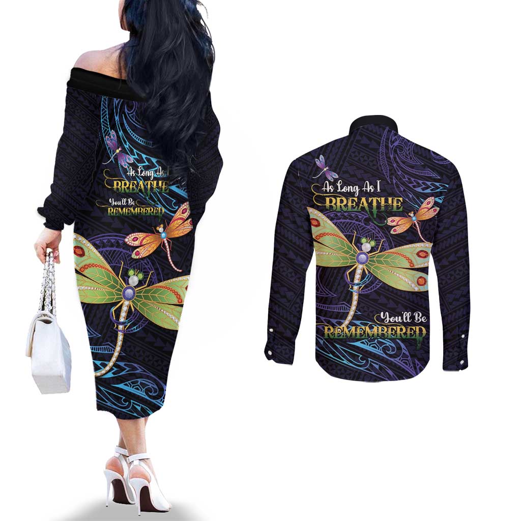 As Long As I Breathe You'll Be Remembered Couples Matching Off The Shoulder Long Sleeve Dress and Long Sleeve Button Shirt Dragonflies Memorial - Polynesian Pattern