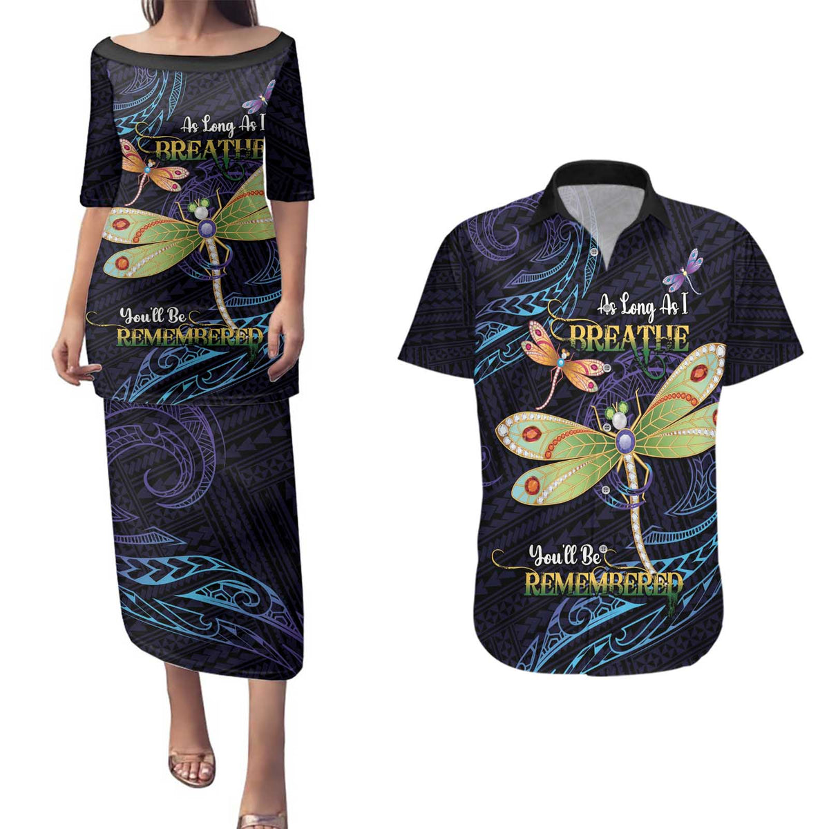 As Long As I Breathe You'll Be Remembered Couples Matching Puletasi and Hawaiian Shirt Dragonflies Memorial - Polynesian Pattern
