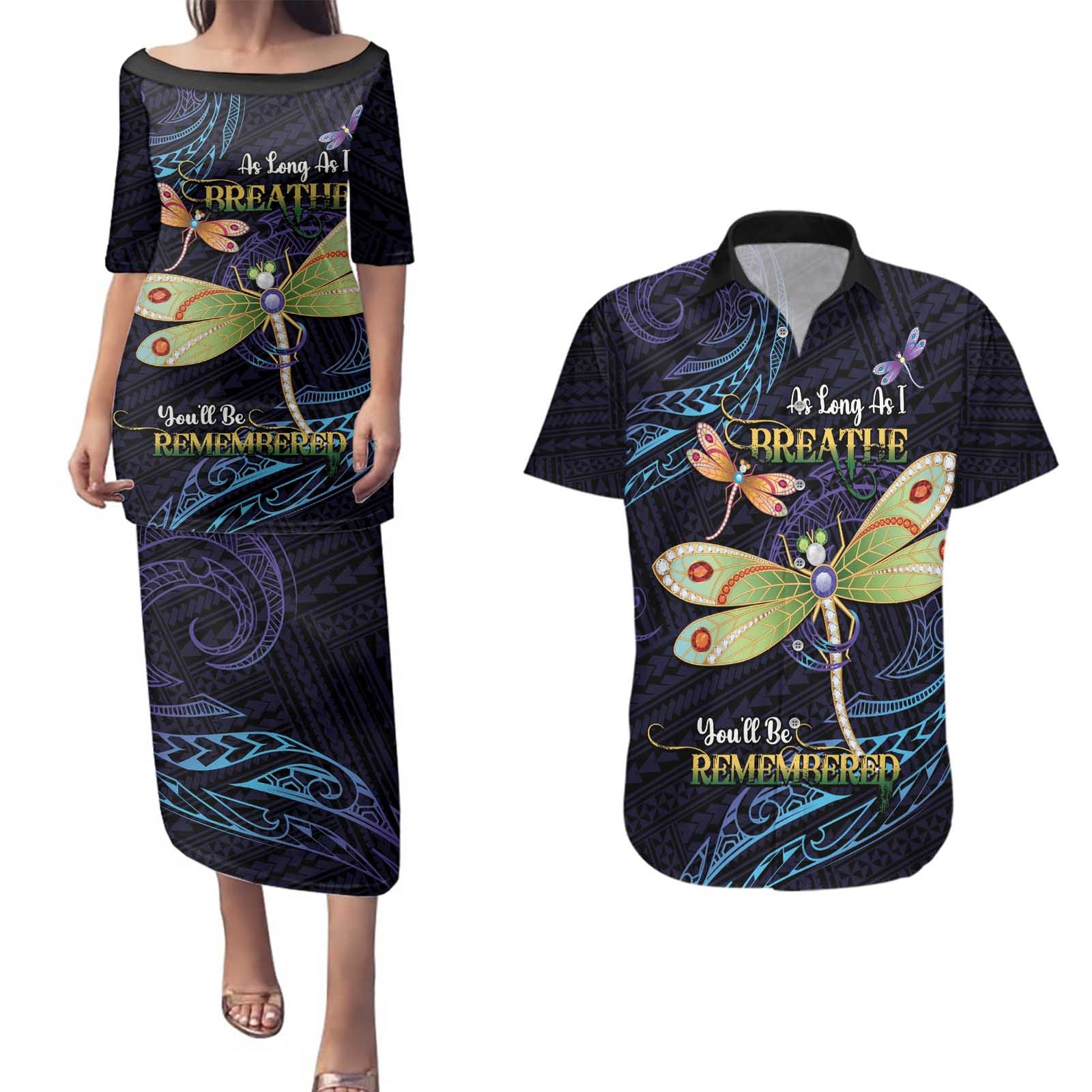 As Long As I Breathe You'll Be Remembered Couples Matching Puletasi and Hawaiian Shirt Dragonflies Memorial - Polynesian Pattern