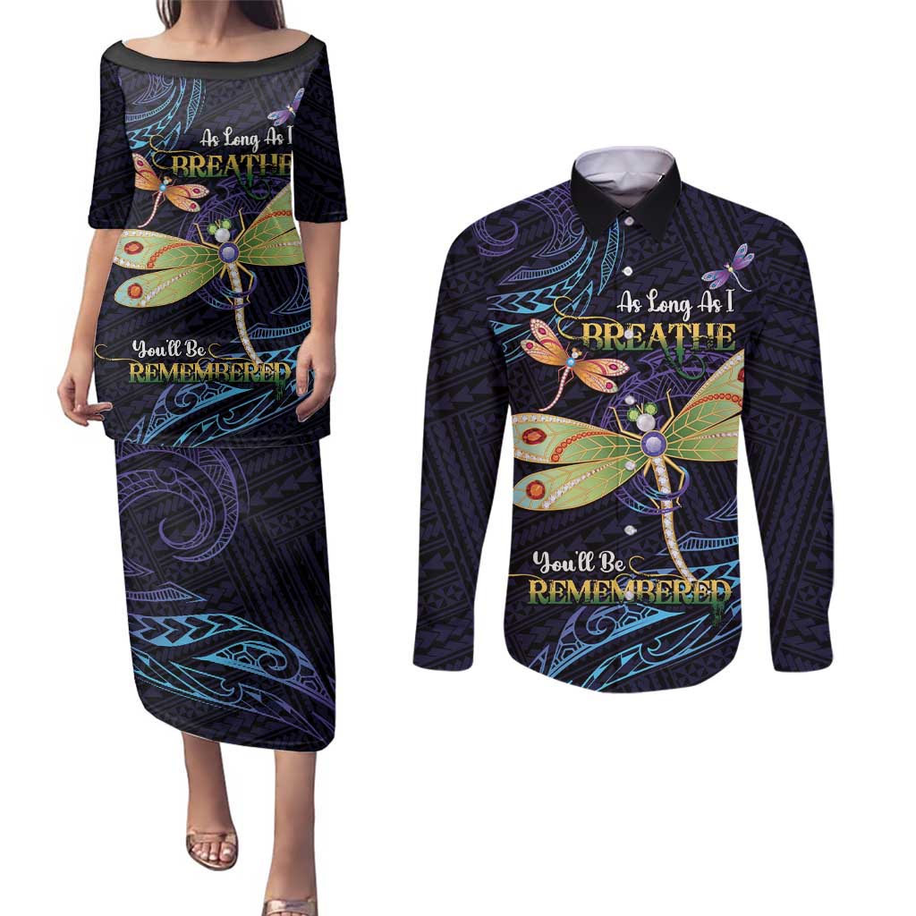 As Long As I Breathe You'll Be Remembered Couples Matching Puletasi and Long Sleeve Button Shirt Dragonflies Memorial - Polynesian Pattern